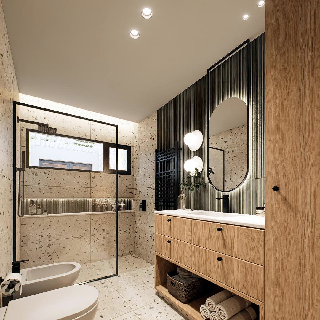 Baño con vanitory de madera y espejo LED